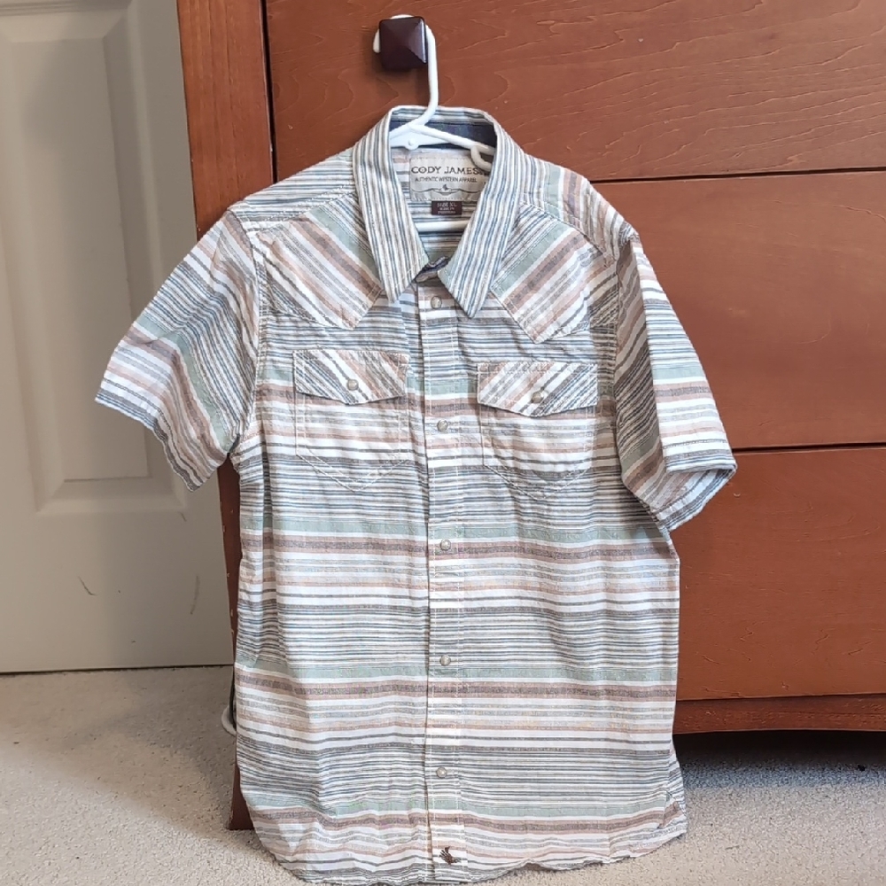 NWOT Kids Western Striped Button Down Shirt - Blue, Brown, and White